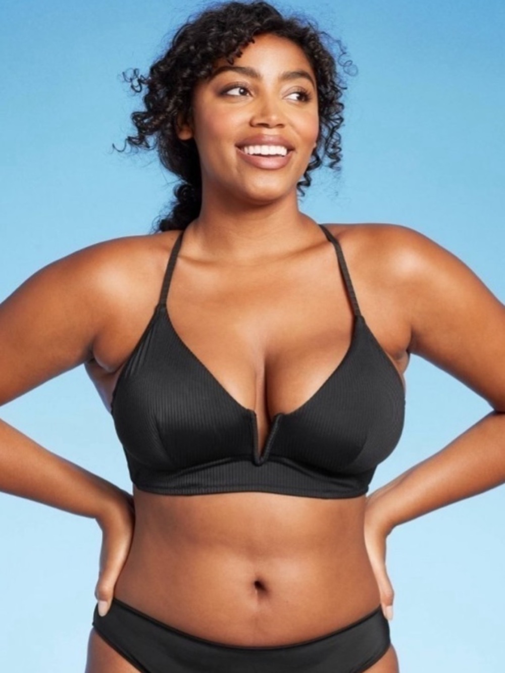 Shade & Shore Black Ribbed Longline V-Wire Triangle Swim Bikini Top 38DD NWOT